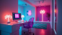 Вапорвейв-офис с неоном и ретро-эстетикой – Промпт для нейросети Leonardo.ai