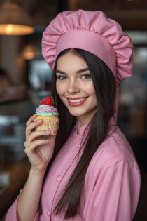 Красивая русская девушка-пекарь в розовом образе – промпт Leonardo AI