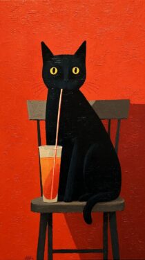 Черный кот с прохладительным напитком: фотографии нейросети MidJourney с промптом