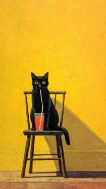 Черный кот с прохладительным напитком: фотографии нейросети MidJourney с промптом