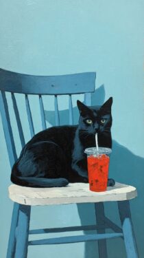 Черный кот с прохладительным напитком: фотографии нейросети MidJourney с промптом