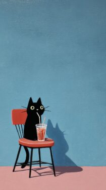 Черный кот с прохладительным напитком: фотографии нейросети MidJourney с промптом