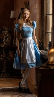 Красивая девушка в образе Алисы в Стране чудес в квартире – 10 вертикальных ИИ-фотографий Midjourney с промптом