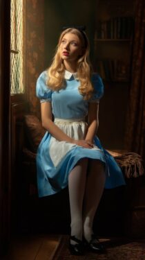 Красивая девушка в образе Алисы в Стране чудес в квартире – 10 вертикальных ИИ-фотографий Midjourney с промптом