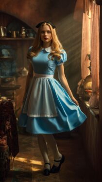 Красивая девушка в образе Алисы в Стране чудес в квартире – 10 вертикальных ИИ-фотографий Midjourney с промптом