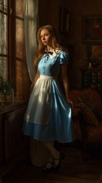 Красивая девушка в образе Алисы в Стране чудес в квартире – 10 вертикальных ИИ-фотографий Midjourney с промптом