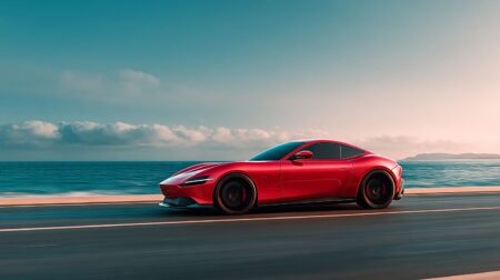 Красный роскошный автомобиль у моря:, нейросеть MidJourney, горизонтальное фото 1 Красный роскошный автомобиль у моря:, нейросеть MidJourney, горизонтальное фото 1
