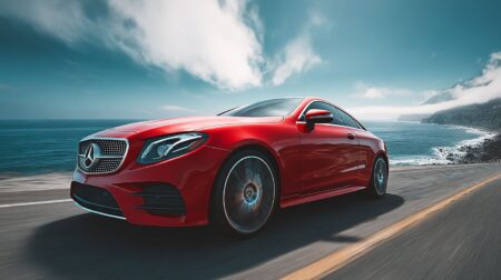 Красный роскошный автомобиль у моря:, нейросеть MidJourney, горизонтальное фото 2 Красный роскошный автомобиль у моря:, нейросеть MidJourney, горизонтальное фото 2