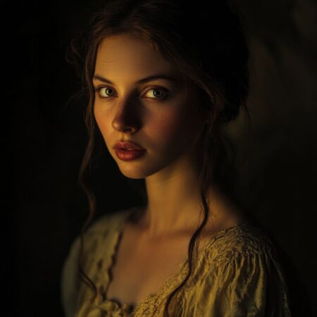 Midjourney - cinematic portrait of a mysterious woman, Rembrandt lighting, moody atmosphere