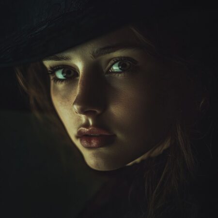 Midjourney - cinematic portrait of a mysterious woman, Rembrandt lighting, moody atmosphere