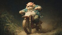 Пухлый кот на мотоцикле в стиле тёмного фэнтези: изображения MidJourney + промпт