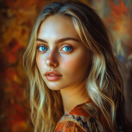 Midjourney - Fashion portrait of a 21-year-old Russian woman with striking blue eyes and high cheekbones, long wavy brunette hair, wearing a modern silk dress with an avant-garde design, soft golden lighting, cinematic depth of field, luxury studio setting, ultra-detailed, 4K