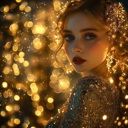 Fashion portrait of a 21-year-old Russian woman with striking blue eyes and high cheekbones, long wavy brunette hair, wearing a modern silk dress with an avant-garde design, soft golden lighting, cinematic depth of field, luxury studio setting, ultra-detailed, 4K