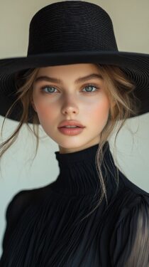 Промпт Midjourney: русская девушка в шляпе и чёрном платье в стиле обложки модного журнала