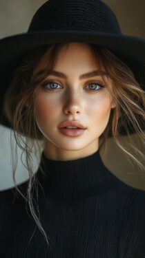 Промпт Midjourney: русская девушка в шляпе и чёрном платье в стиле обложки модного журнала
