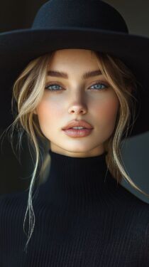 Промпт Midjourney: русская девушка в шляпе и чёрном платье в стиле обложки модного журнала