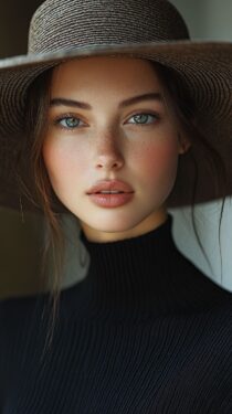 Промпт Midjourney: русская девушка в шляпе и чёрном платье в стиле обложки модного журнала