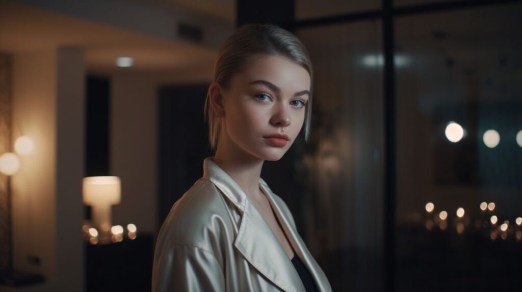 Midjourney - Glamorous 21-year-old Russian woman in a designer avant-garde outfit, sleek luxury apartment, cinematic soft lighting --v 5 --q 2 --ar 16:9