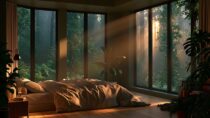 Уютная спальня с видом на туманный лес: фото нейросети Midjourney версии 8.1