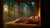 Уютная спальня с видом на туманный лес: фото нейросети Midjourney версии 8.1