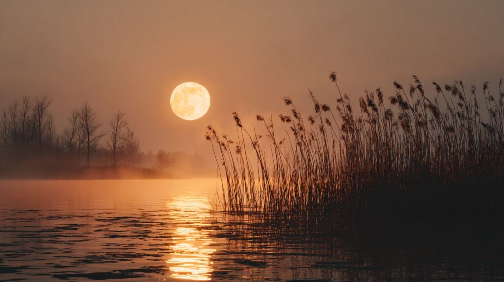 Закат над озером с луной — промпт Midjourney Закат над озером с луной — промпт Midjourney