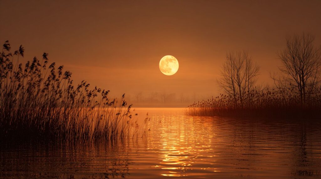 Закат над озером с луной — промпт Midjourney Закат над озером с луной — промпт Midjourney