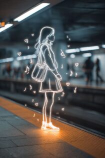 Девушка-неон в метро: генерация изображений в нейросети MidJourney, промпт