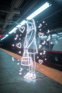 Девушка-неон в метро: генерация изображений в нейросети MidJourney, промпт