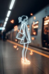 Девушка-неон в метро: генерация изображений в нейросети MidJourney, промпт