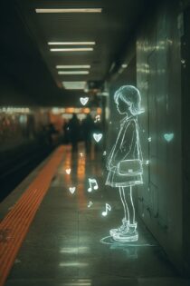 Девушка-неон в метро: генерация изображений в нейросети MidJourney, промпт