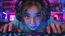Девушка-геймер за компьютером в момент яркой игры — Нейросеть Midjourney, промпт