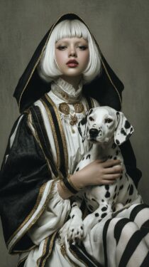 Женщина в маскарадном костюме с далматинцем: изображения MidJourney + промпт