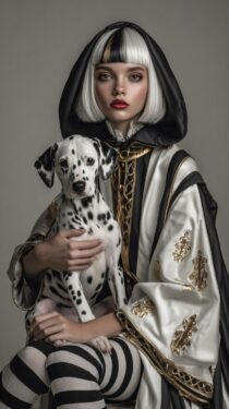 Женщина в маскарадном костюме с далматинцем: изображения MidJourney + промпт