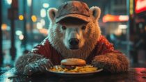 Промпт Midjourney — одинокий белый медведь в нью-йоркской закусочной