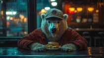 Промпт Midjourney — одинокий белый медведь в нью-йоркской закусочной