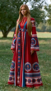 Русская девушка в традиционном платье — фото нейросети Midjourney