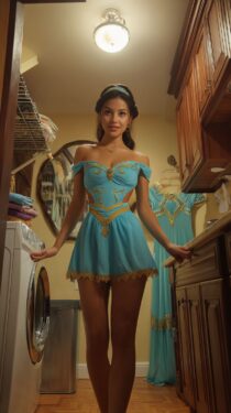 Промпт Midjourney — девушка в образе Жасмин в современной прачечной, в полном сказочном наряде