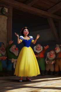 Промпт Midjourney — Белоснежка в танце среди семи гномов, оживлённая сцена в духе Pixar