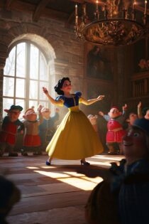 Промпт Midjourney — Белоснежка в танце среди семи гномов, оживлённая сцена в духе Pixar