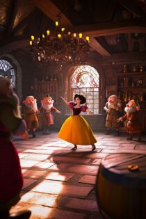 Промпт Midjourney — Белоснежка в танце среди семи гномов, оживлённая сцена в духе Pixar