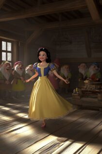 Промпт Midjourney — Белоснежка в танце среди семи гномов, оживлённая сцена в духе Pixar