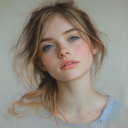 Midjourney - soft pastel portrait of a young woman, natural beauty, warm lighting