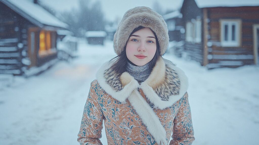 Young 19-year-old woman in a traditional Slavic winter coat with fur trim, wearing a warm ushanka hat, standing in a snowy Russian village, wooden houses covered in snow, breath visible in cold air, warm light from windows, ultra-detailed, 4K