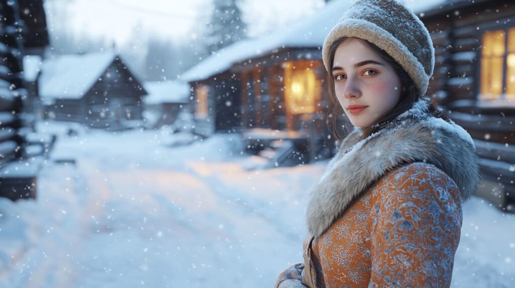 Young 19-year-old woman in a traditional Slavic winter coat with fur trim, wearing a warm ushanka hat, standing in a snowy Russian village, wooden houses covered in snow, breath visible in cold air, warm light from windows, ultra-detailed, 4K