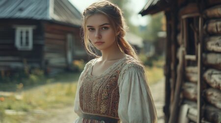 MidJourney - Young woman in a traditional Slavic dress, standing in a rustic village on Rus’, wooden houses, soft natural lighting, cinematic atmosphere, historical accuracy, ultra-detailed, 4K --no earrings, chain, chainlet