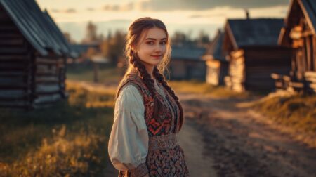 MidJourney - Young woman in a traditional Slavic dress, standing in a rustic village on Rus’, wooden houses, soft natural lighting, cinematic atmosphere, historical accuracy, ultra-detailed, 4K --no earrings, chain, chainlet