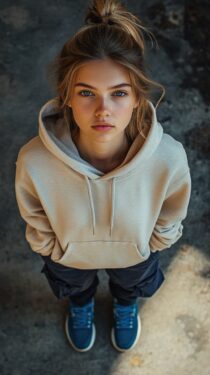 Промпт для Midjourney: уличная фотография девушки в фотореалистичном стиле, вид сверху