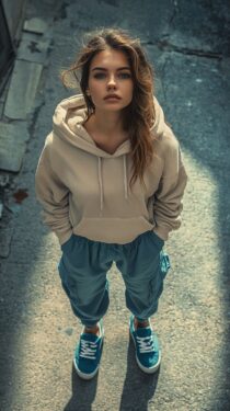 Промпт для Midjourney: уличная фотография девушки в фотореалистичном стиле, вид сверху