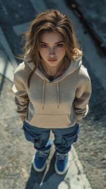 Промпт для Midjourney: уличная фотография девушки в фотореалистичном стиле, вид сверху