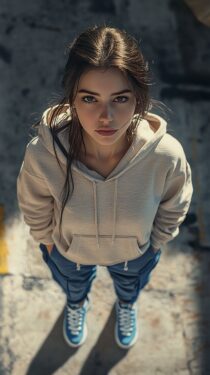 Промпт для Midjourney: уличная фотография девушки в фотореалистичном стиле, вид сверху